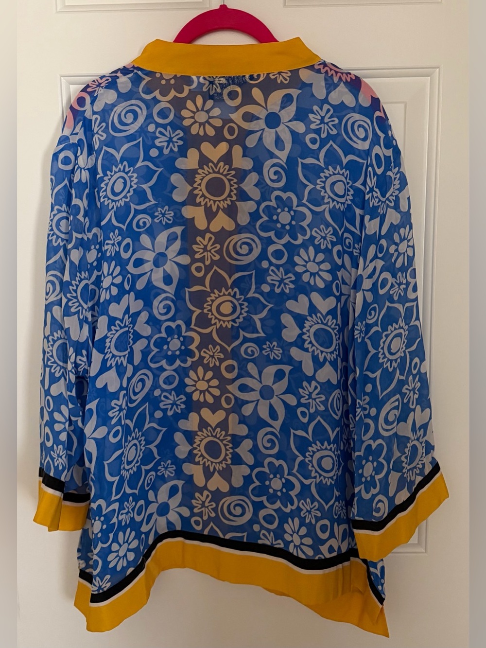 Bob Mackie Wearable Art Blue Floral Semi Sheer Button Front Top with Yellow Trim - Picture 4 of 5
